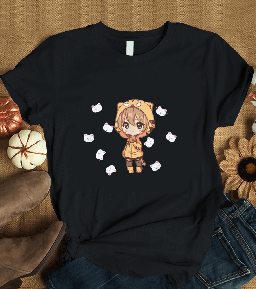 Todoroki Chibi Anime Cute Cat Hoodie Surrounded by Cartoon Cat Faces T-Shirt