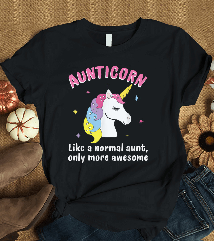 AUNTICORN Like a Normal Aunt Only More Awesome with Colorful Unicorn and Stars T-Shirt