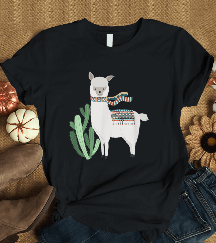 Cute Llama with Colorful Scarf and Cactus for Llama Lover T-Shirt