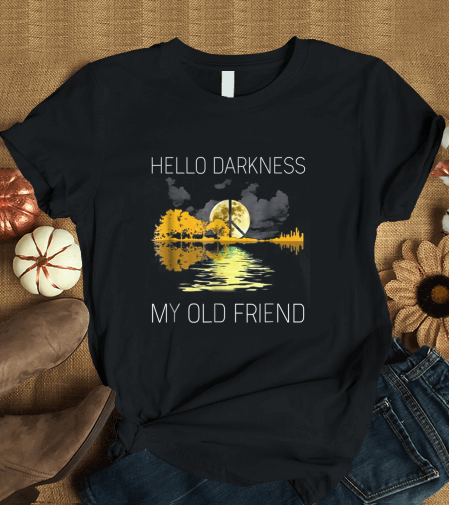 Hello Darkness My Old Friend Guitar Silhouette Moonlit Reflection T-Shirt
