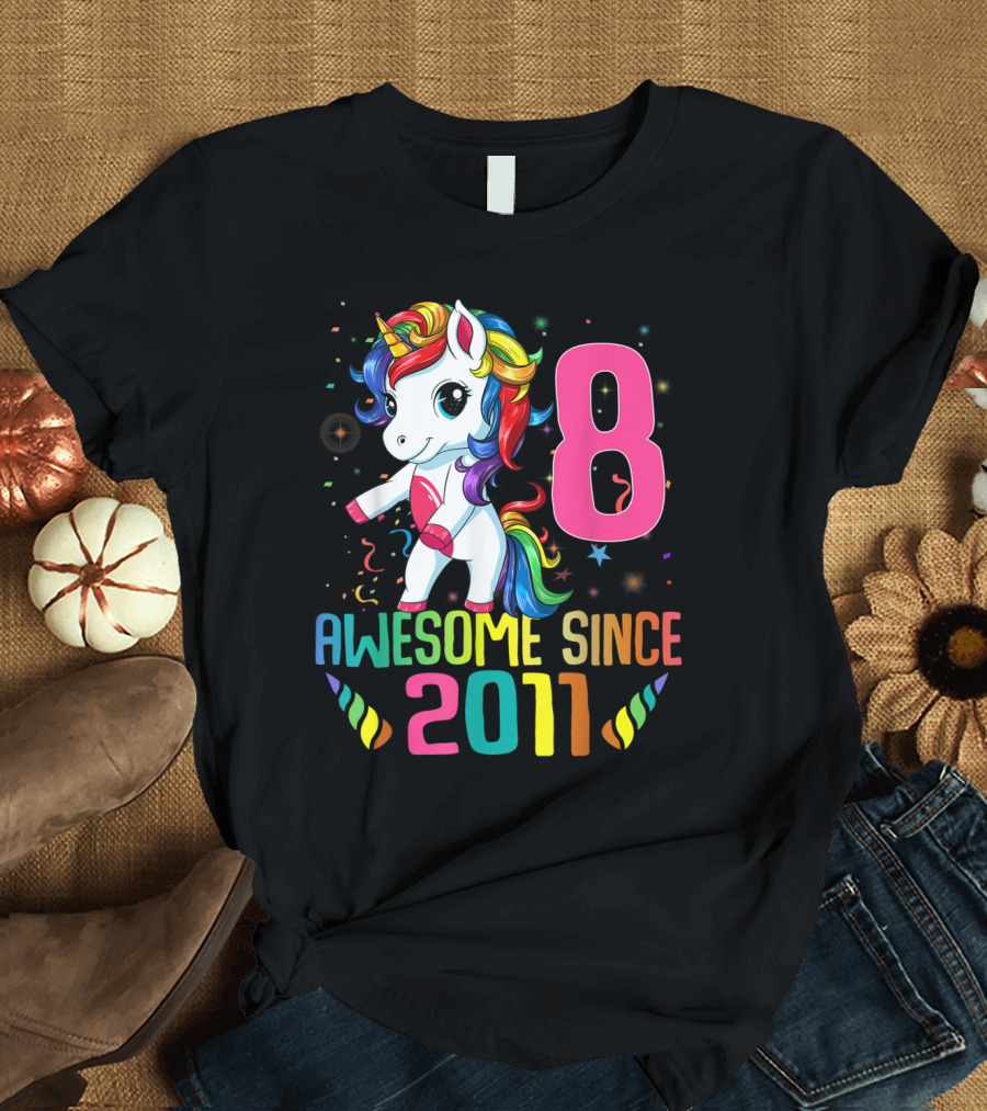Awesome Since 2011 8 Year Old Birthday Unicorn Party T-Shirt