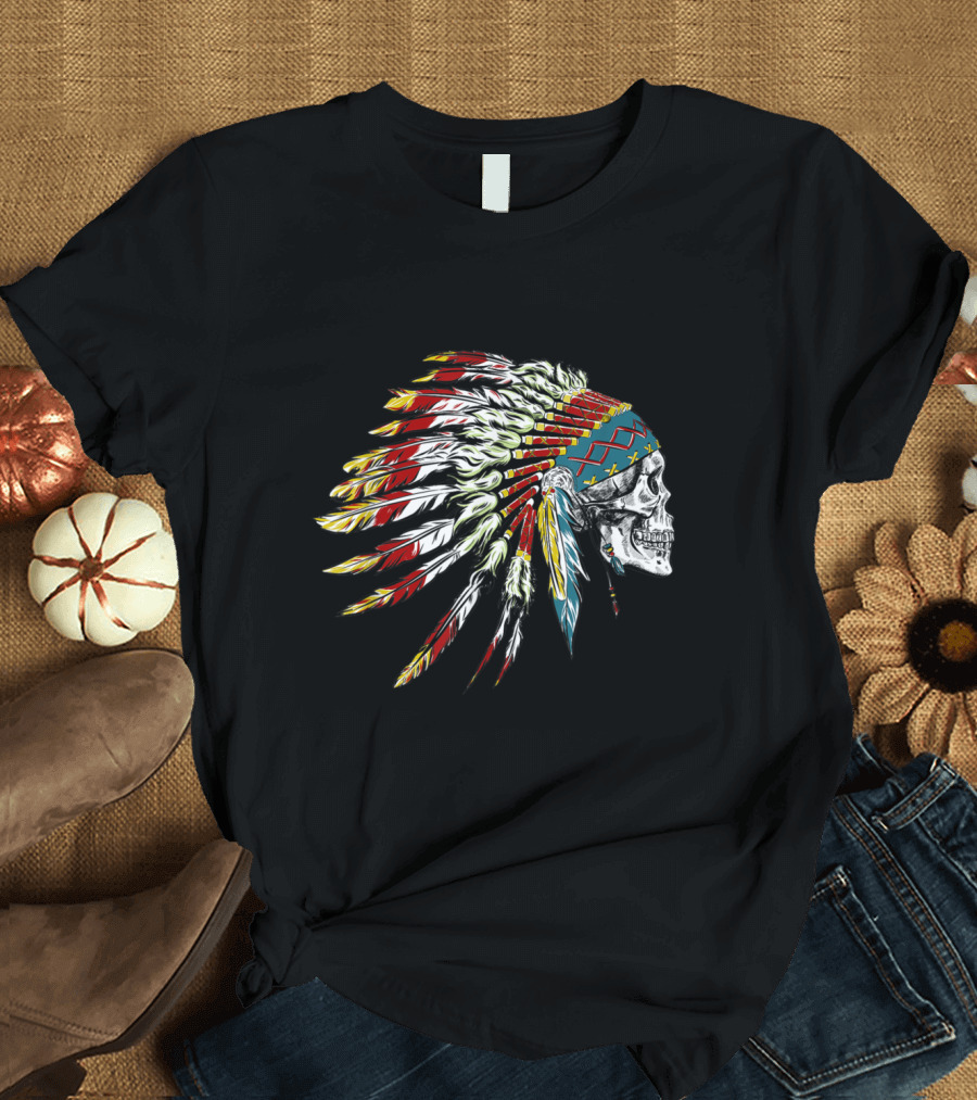 Skull Native American Chief Eagle Feather Headdress Vintage T-Shirt