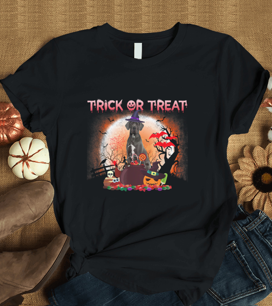 Trick or Treat Great Dane Halloween Pumpkin Witch Hat Moon Bats T-Shirt