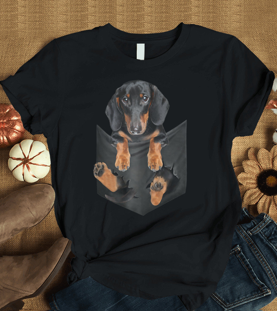 Dachshund Puppy in Torn Pocket T-Shirt