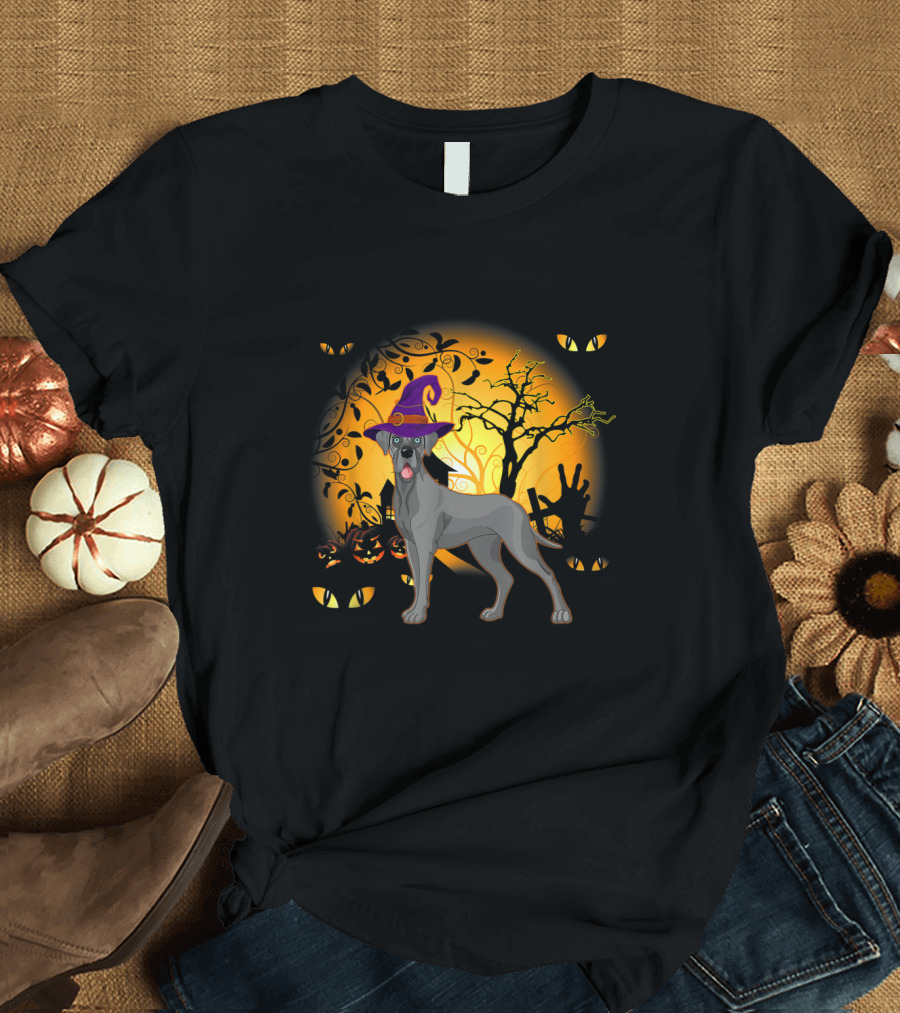 Funny Great Dane Halloween Witch Hat Pumpkin Moon Scene T-Shirt