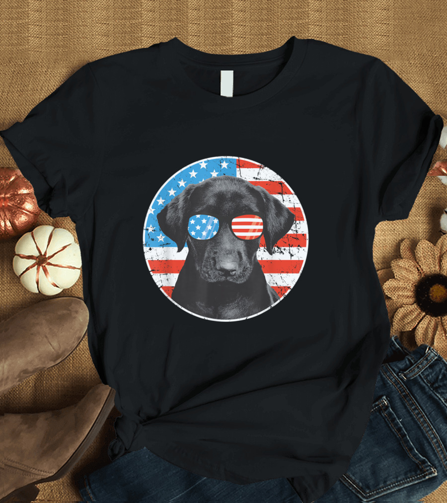 Fourth Of July American Flag Labrador Retriever Dog with Stars and Stripes Glasses T-Shirt
