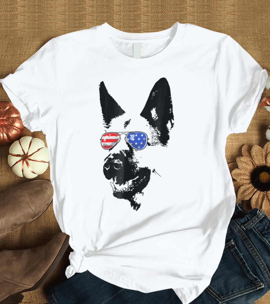 German Shepherd Dog with American Flag Sunglasses for 4th of July T-Shirt