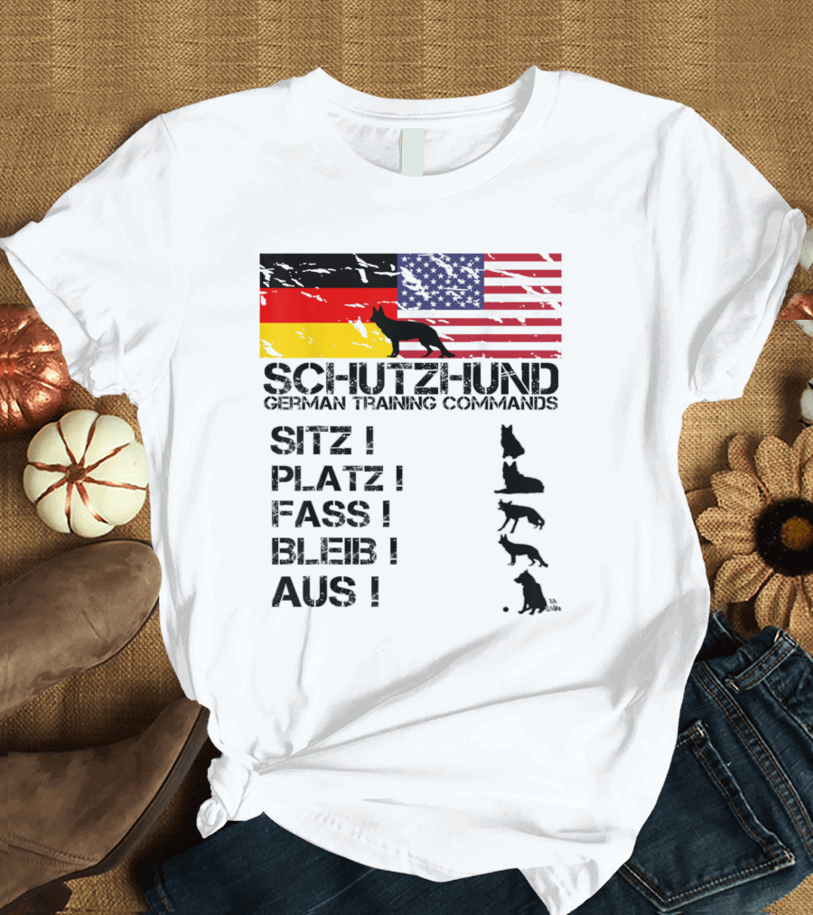 German Shepherd Schutzhund German Training Commands American and German Flags T-Shirt