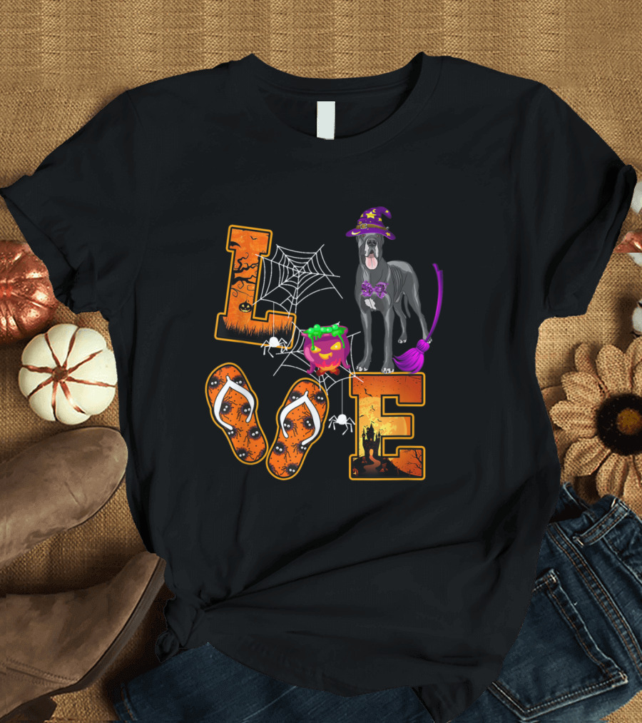 Great Dane Love Halloween Boo Dog Witch Hat Spider Web Potion T-Shirt