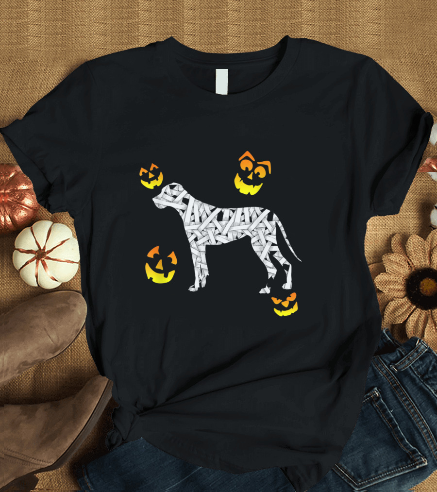 Great Dane Mummy with Halloween Pumpkin Faces T-Shirt