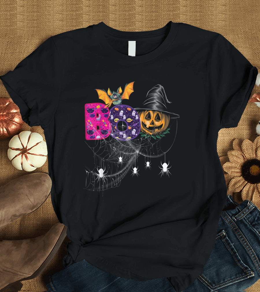 Boo with Spiders, Witch Hat, Pumpkin, Ghosts, Bat, and Webs T-Shirt