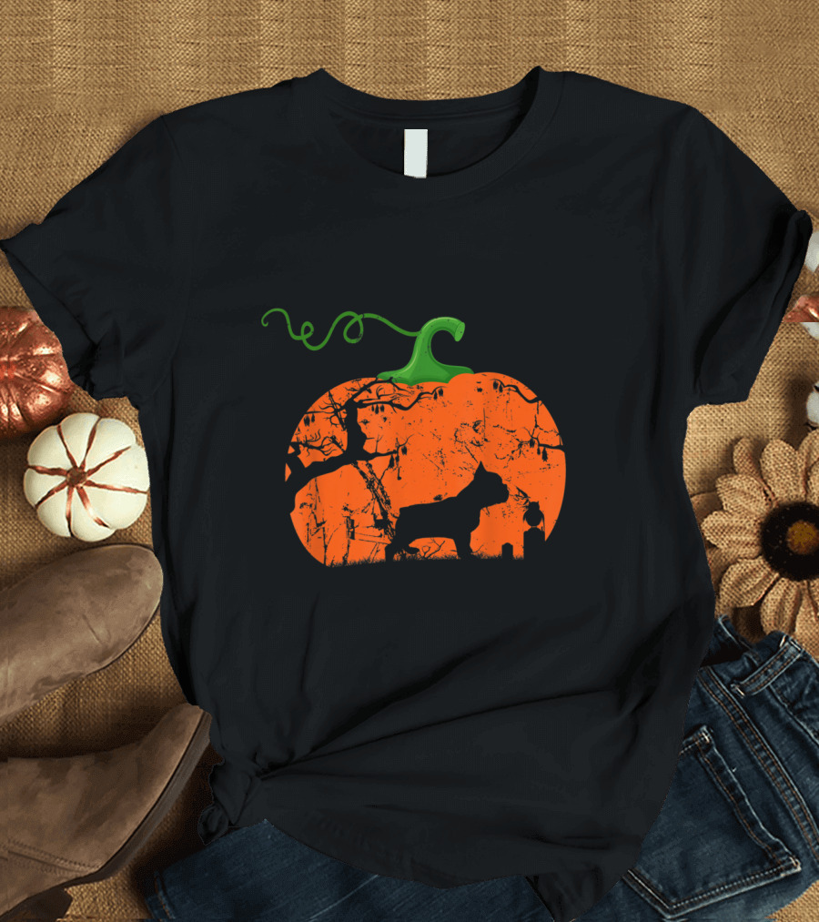 French Bulldog Halloween Pumpkin Silhouette Scene T-Shirt