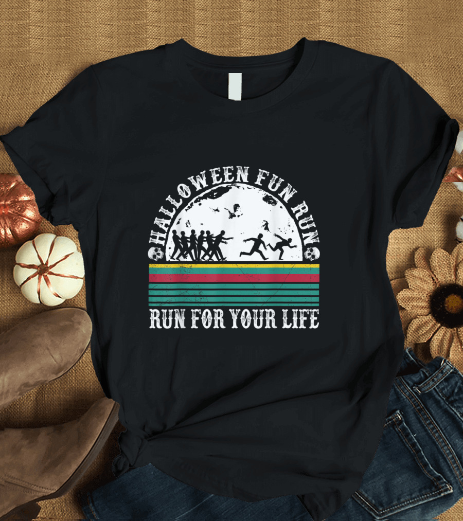 Halloween Fun Run Creepy Zombie Skull Running To The Moon Run For Your Life T-Shirt