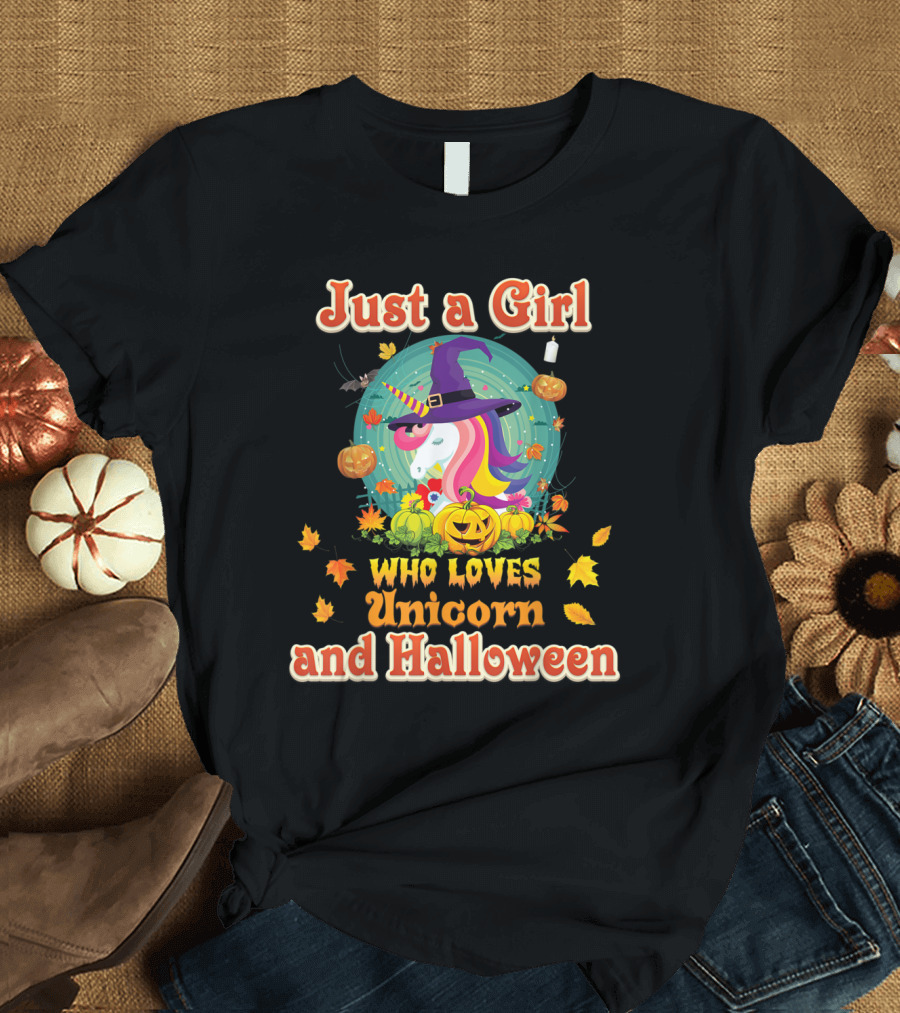 Just A Girl Who Loves Unicorn and Halloween Witch Pumpkin T-Shirt