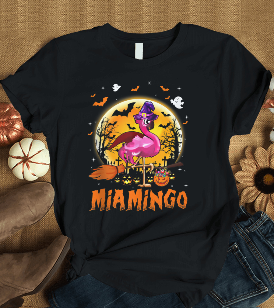MiAMiNGO Halloween Witch Flamingo with Broom and Pumpkins T-Shirt