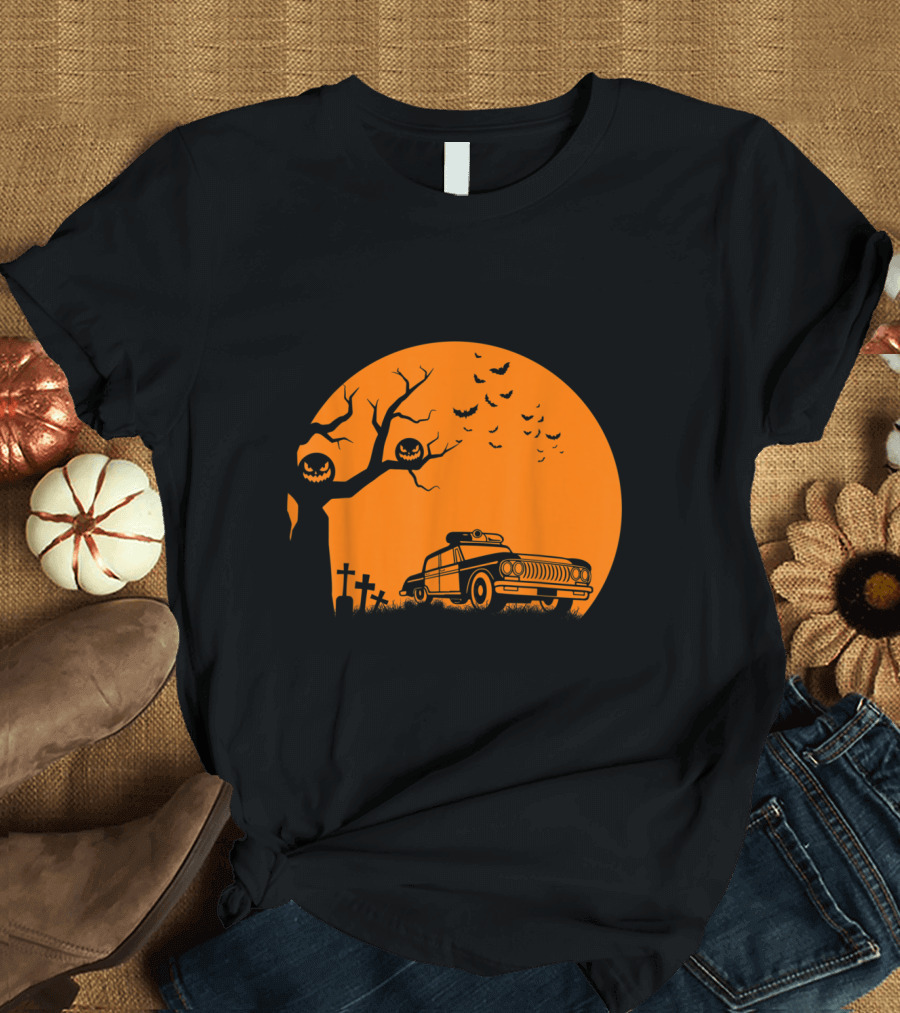 Patrol Officer Spooky Halloween Creepy Police Car Haunted Graveyard Scene T-Shirt