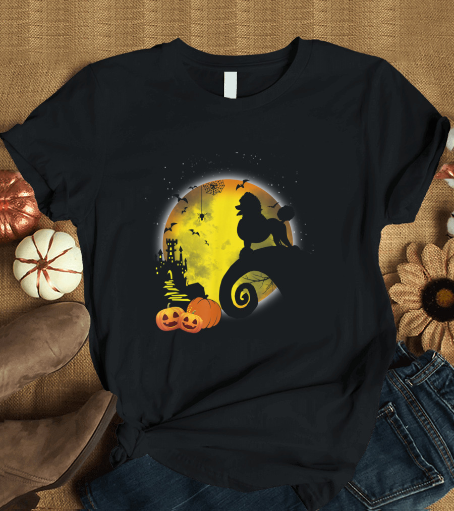 Poodle Dog Silhouette with Jack-O’-Lanterns and Full Moon Halloween Scene for Dog Lovers T-Shirt