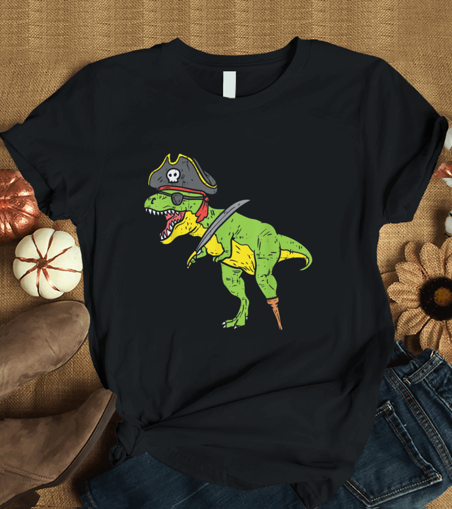 T Rex Dinosaur Dressed as Pirate with Sword and Peg Leg for Funny Halloween T-Shirt