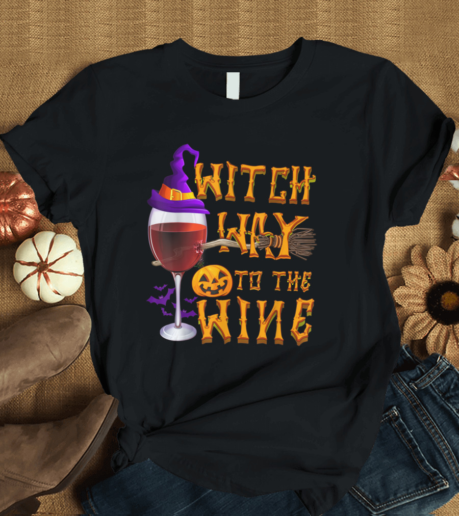Witch Way to the Wine with Witch Hat Broomstick and Jack O'Lantern T-Shirt