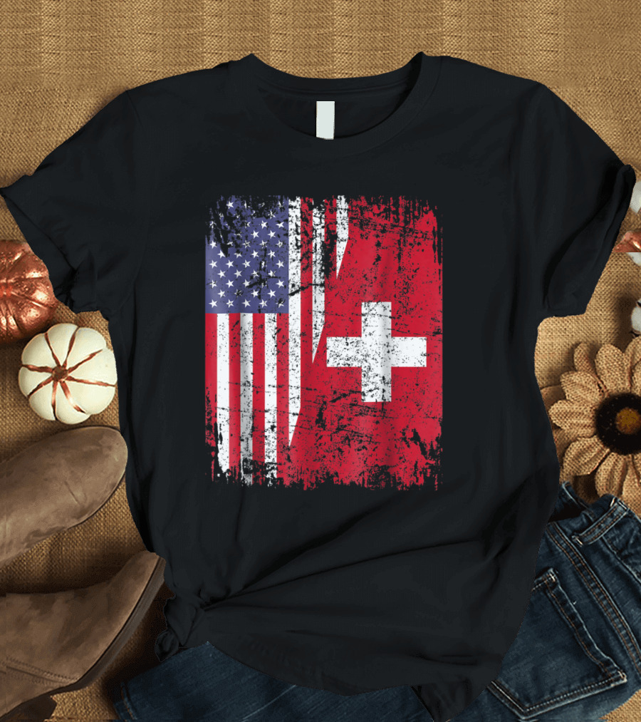 SWISS ROOTS American Flag Grunge Switzerland Cross T-Shirt