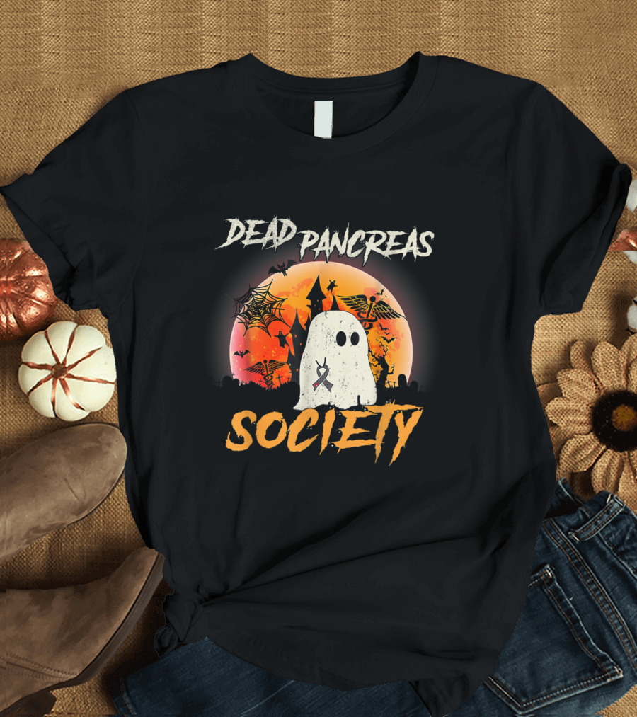 Awareness Dead Pancreas Society Halloween Ghost Ribbon Moon Haunted House T-Shirt