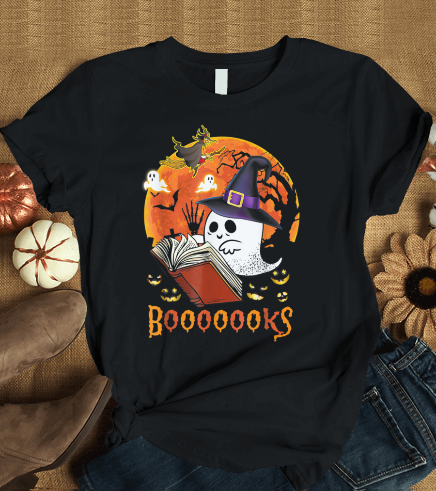 Booooooks Boo Reading Books Halloween Ghost Witch Hat Pumpkins T-Shirt