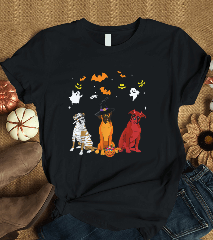 Halloween Boxer Dogs Ghosts Mummy Witch Demon T-Shirt