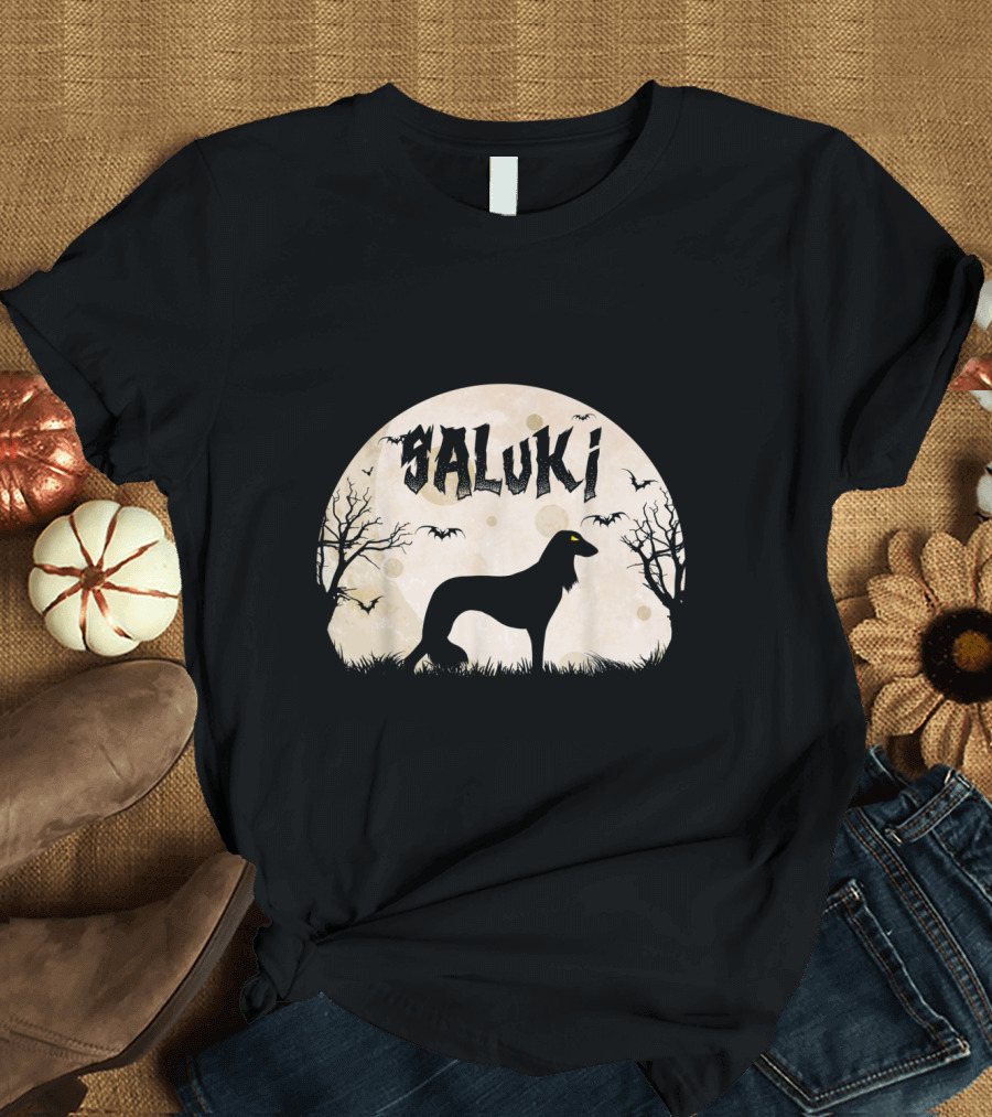 Saluki Halloween Horror Moonlit Silhouette Bats and Trees T-Shirt