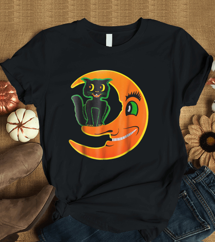 Vintage Halloween Black Cat Sitting on Smiling Crescent Moon Beistle Horror T-Shirt