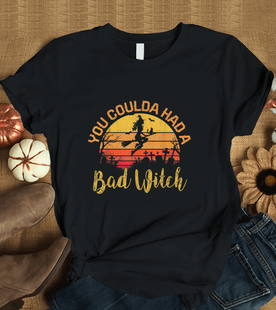 You Coulda Had a Bad Witch Sunset Silhouette with Flying Broomstick and Graveyard Scene T-Shirt