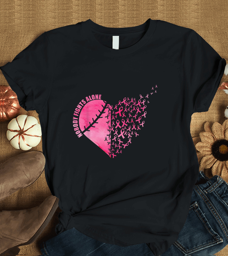 Nobody Fights Alone Softball Baseball Heart Breast Cancer Awareness T-Shirt