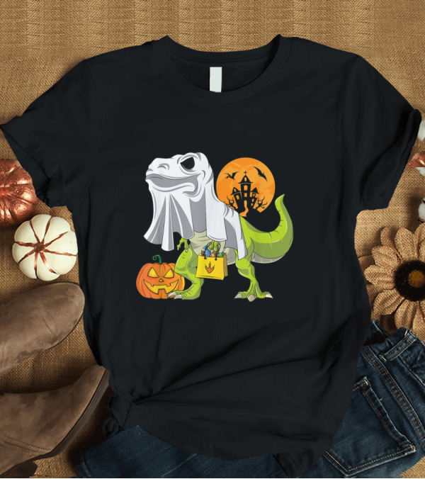T-Shirt: Ghost Dinosaur Trick-or-Treating with Pumpkin and Haunted House Moon T-Shirt Ghost Dinosaur Trick-or-Treating with Pumpkin and Haunted House Moon T-Shirt