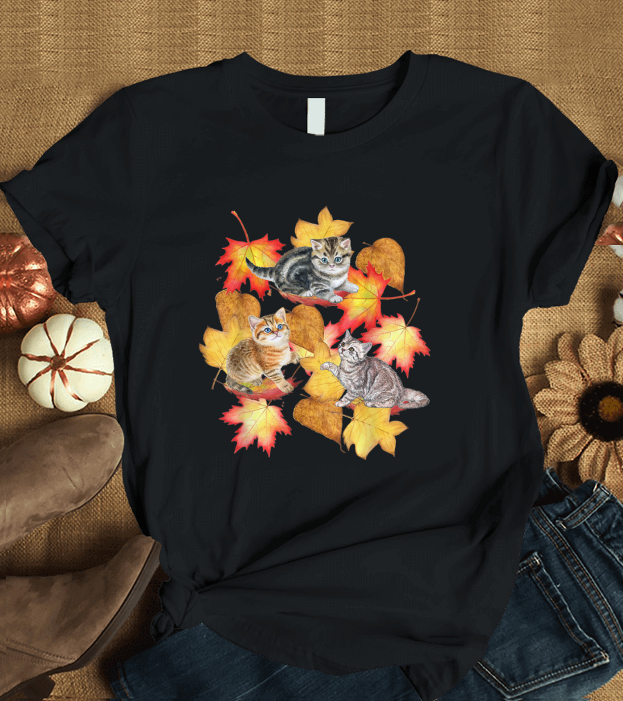 Kittens Playing Among Autumn Leaves T-Shirt