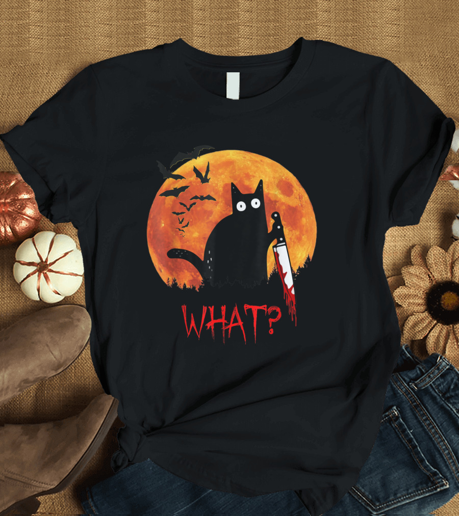 What Funny Black Cat Murderous Cat With Knife Halloween Moon Bats T-Shirt