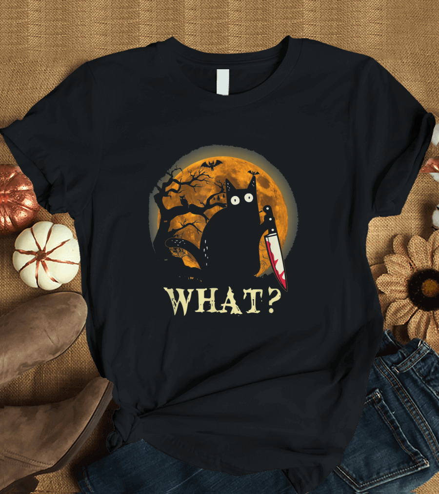 What Funny Murderous Cat With Knife Halloween Moon T-Shirt