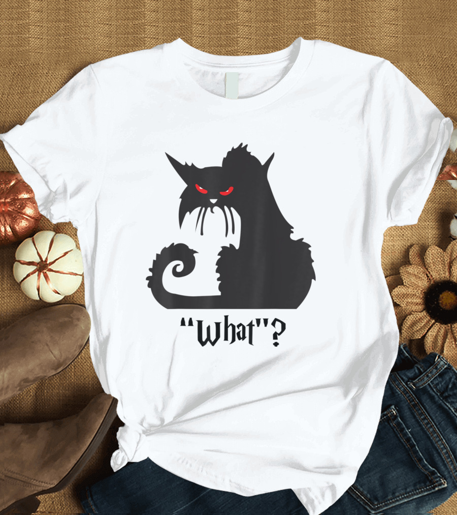 Black Cat With Red Eyes What? Halloween Funny Cat T-Shirt