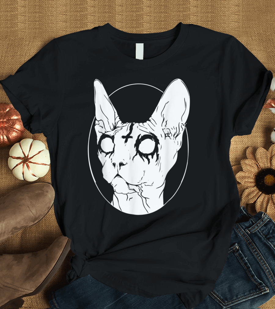 Goth Death Metal Black Metal Sphynx Cat with Cross and Dark Eyes T-Shirt
