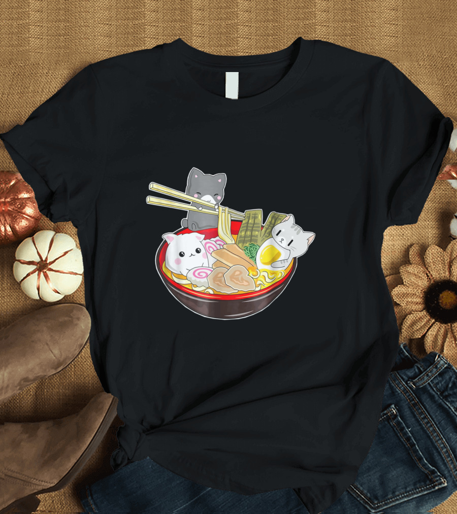 Great Kawaii Japanese Anime Noodle Bowl with Cute Cats T-Shirt