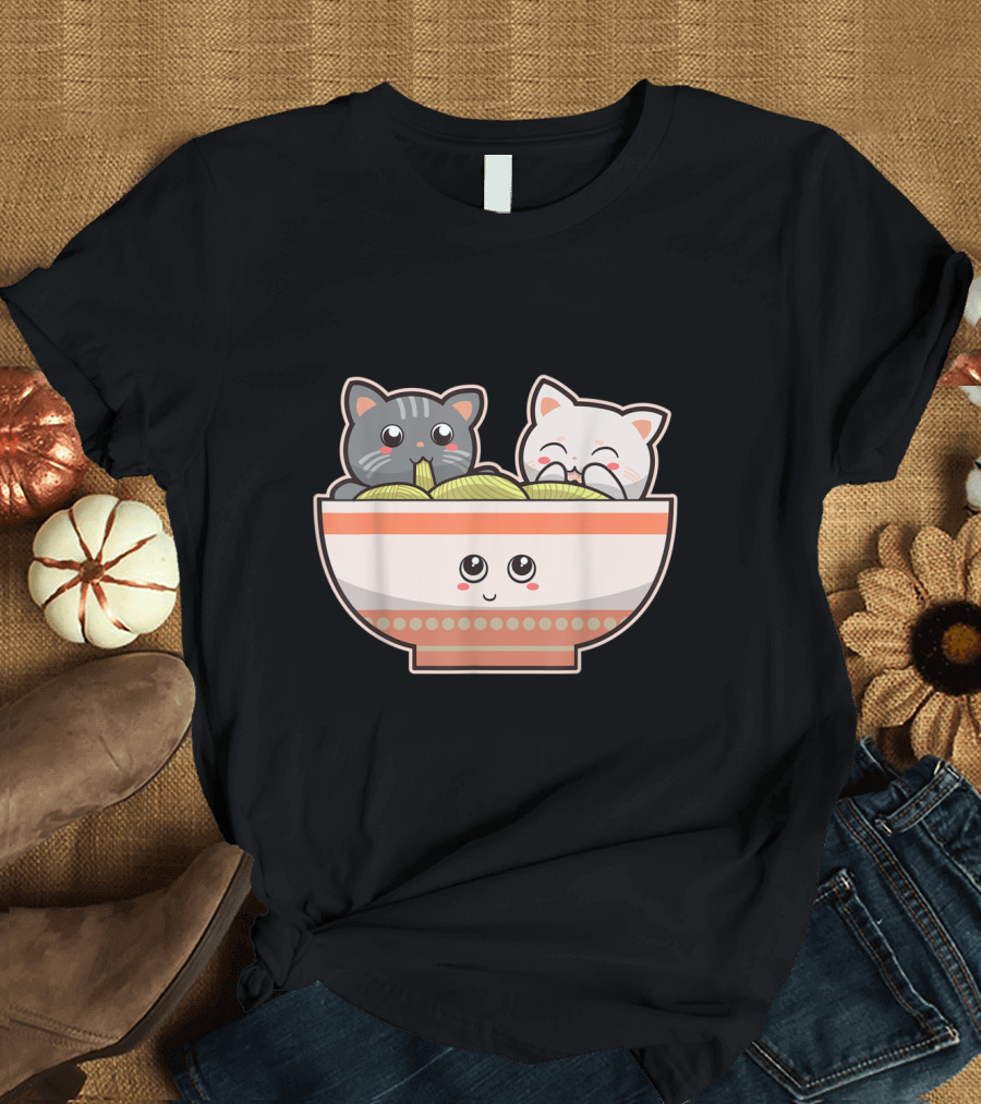 Kawaii Japanese Anime Cats in Ramen Noodle Bowl T-Shirt