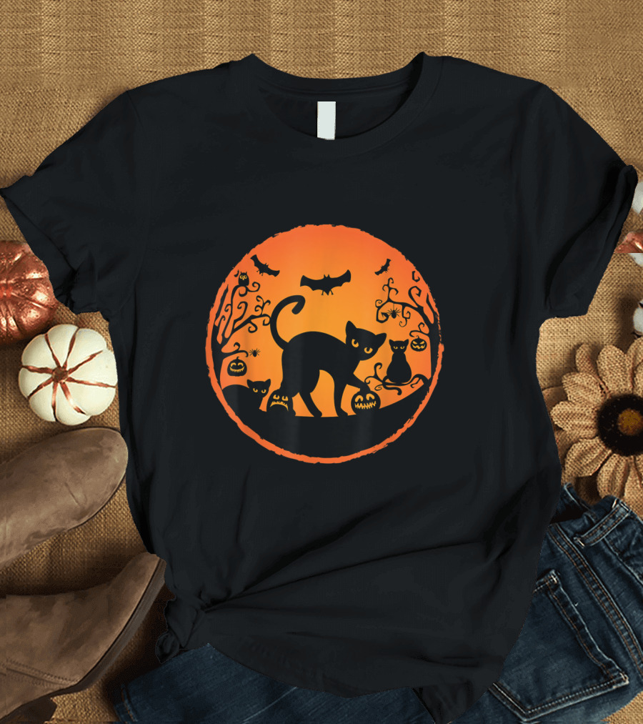 Spooky Cat Halloween Pumpkin and Bat Silhouette Moon Scene T-Shirt