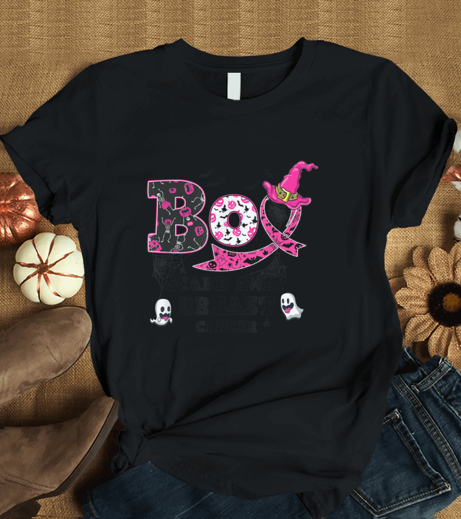 Boo Scare Away Breast Cancer Pink Ghosts and Witch Hat Awareness T-Shirt