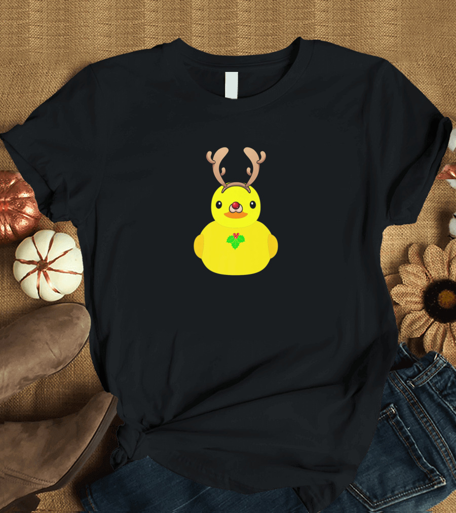 Rubber Ducky Reindeer with Antlers and Holly for Christmas Fun T-Shirt