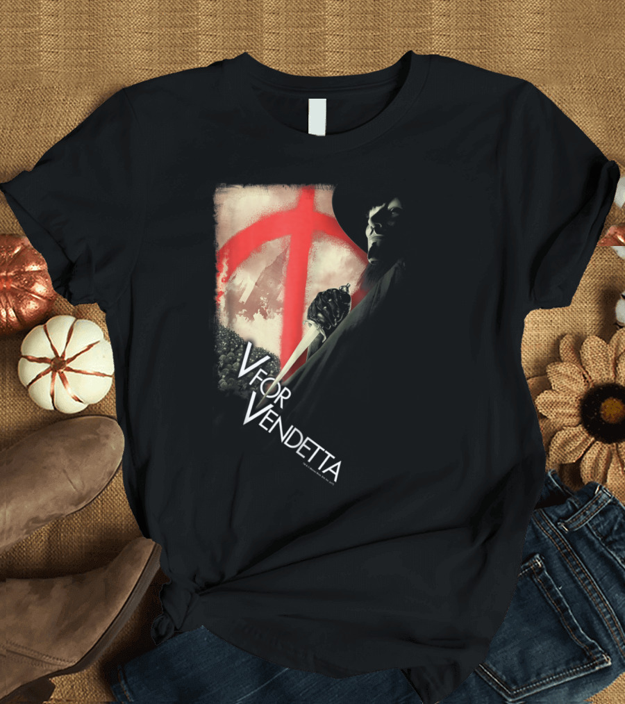 V for Vendetta Anarchist Mask Revolution with Red Symbol and Shadowy Figure T-Shirt