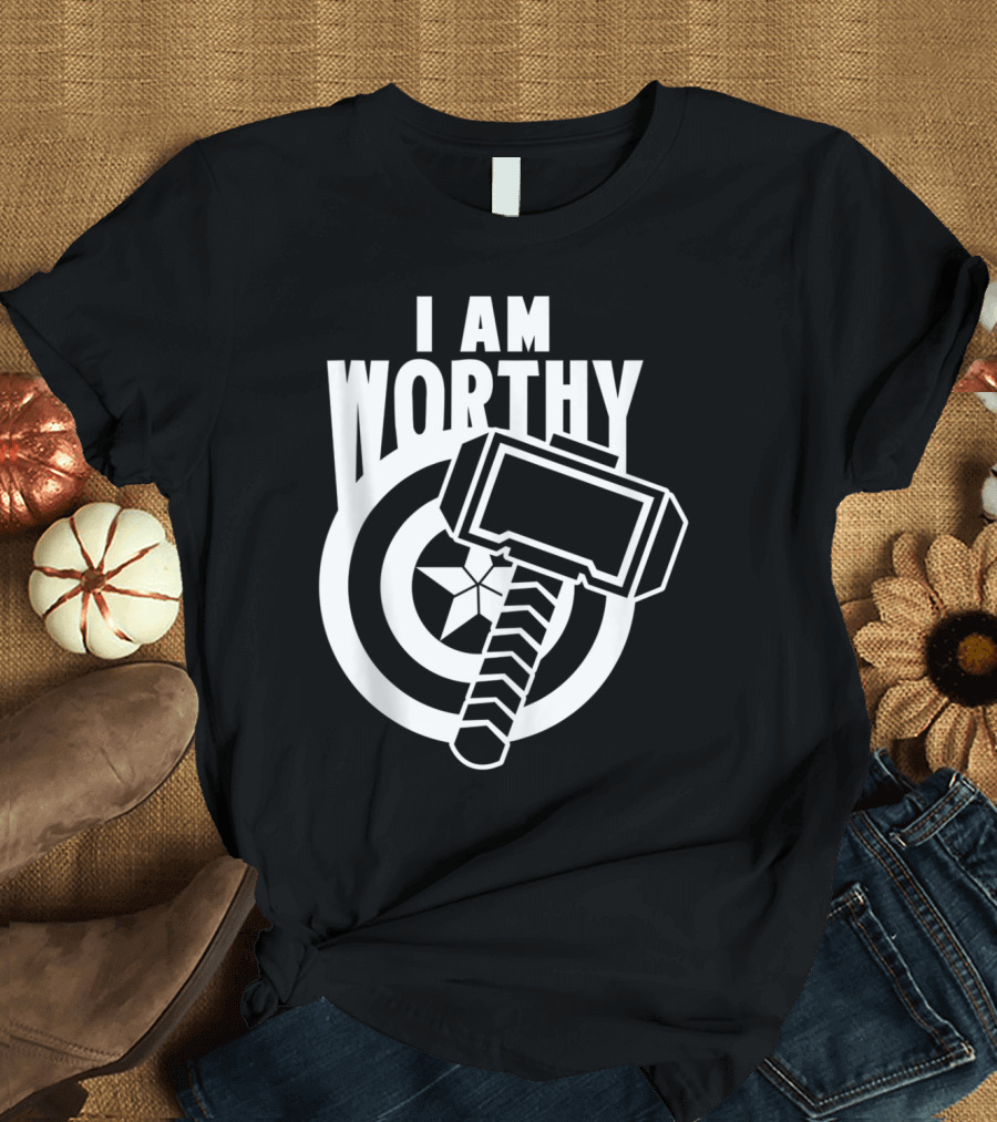 Avengers Endgame Captain America I Am Worthy Mjolnir Shield Hammer T-Shirt