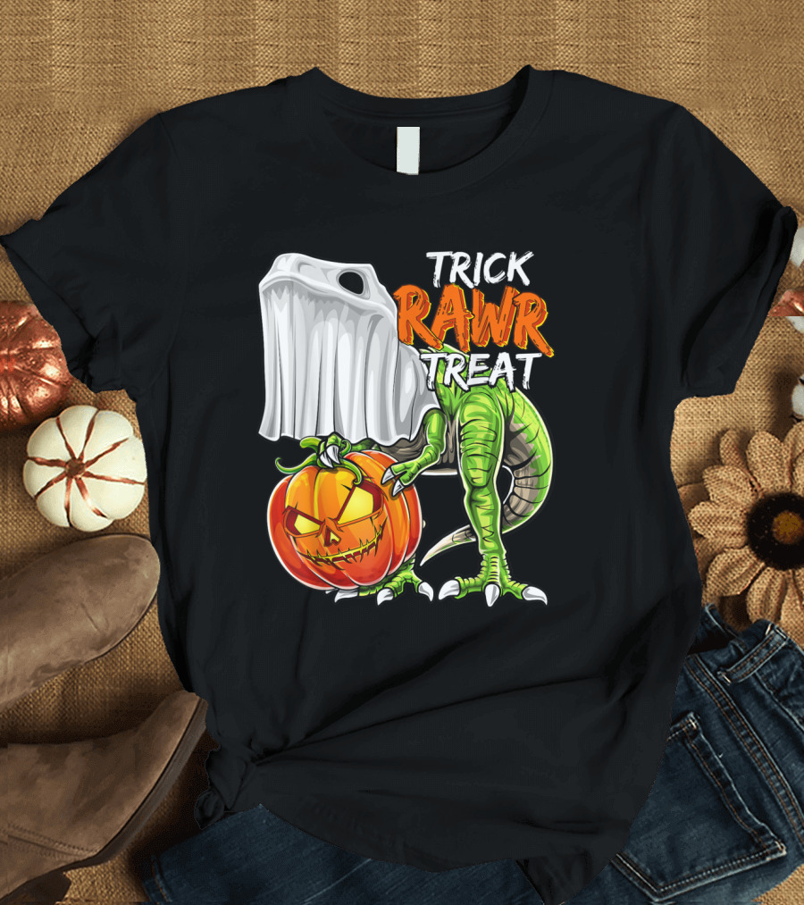 Trick Rawr Treat Halloween Dinosaur Ghost Pumpkin Jack O Lantern T-Shirt