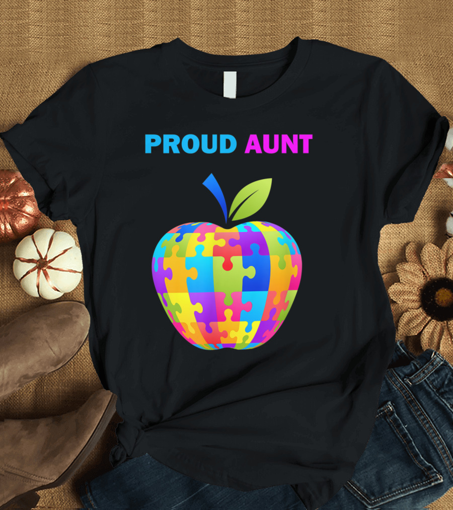 Proud Aunt Autism Awareness Puzzle Apple T-Shirt