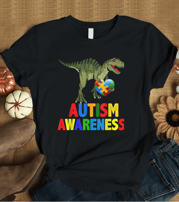 T-Shirt: Autism Awareness Colorful Dinosaur with Puzzle Piece Heart T-Shirt Autism Awareness Colorful Dinosaur with Puzzle Piece Heart T-Shirt