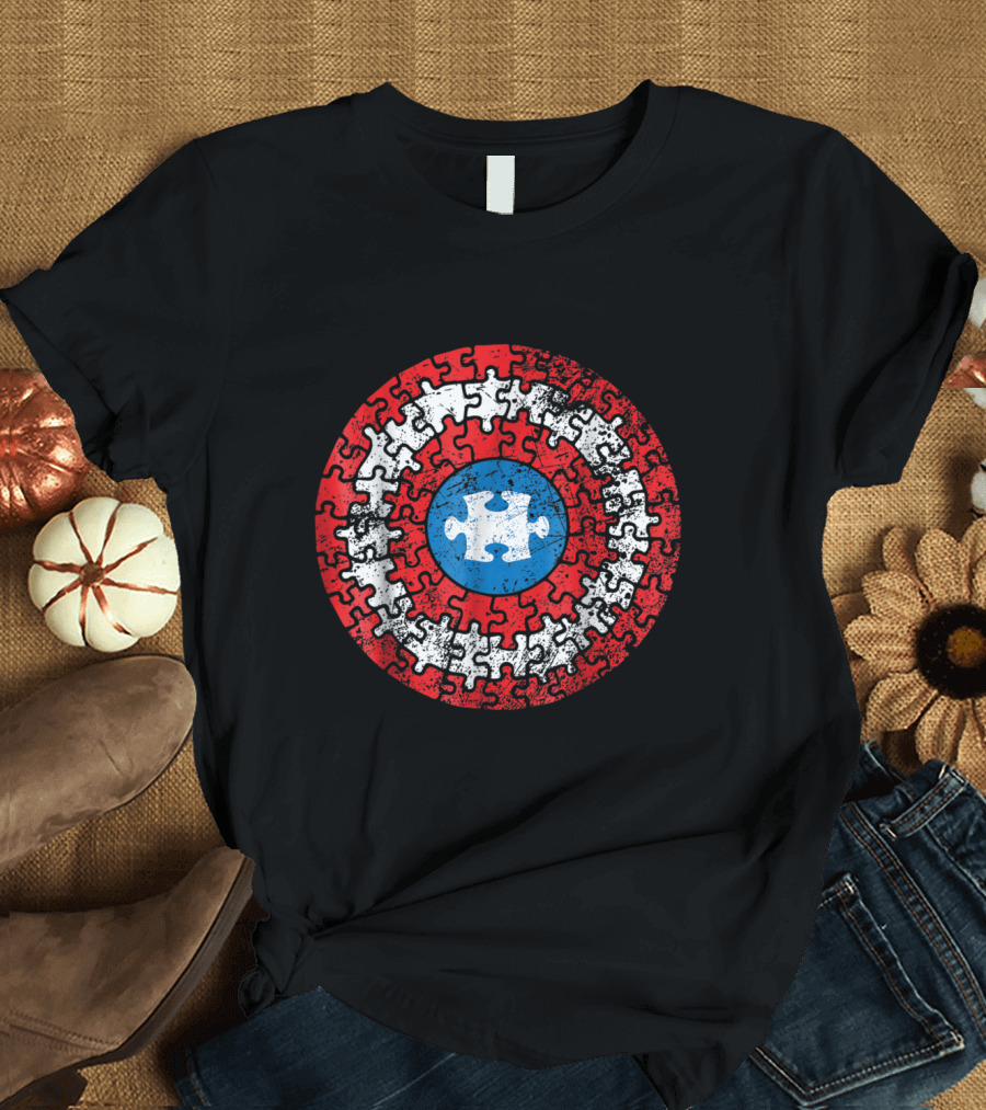 Autism Awareness Superhero Puzzle Shield Captain America T-Shirt