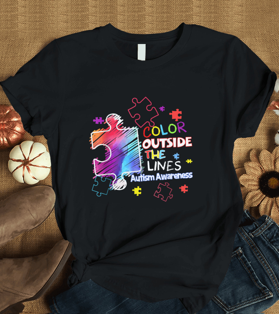 Color Outside the Lines Autism Awareness Puzzle Pieces T-Shirt