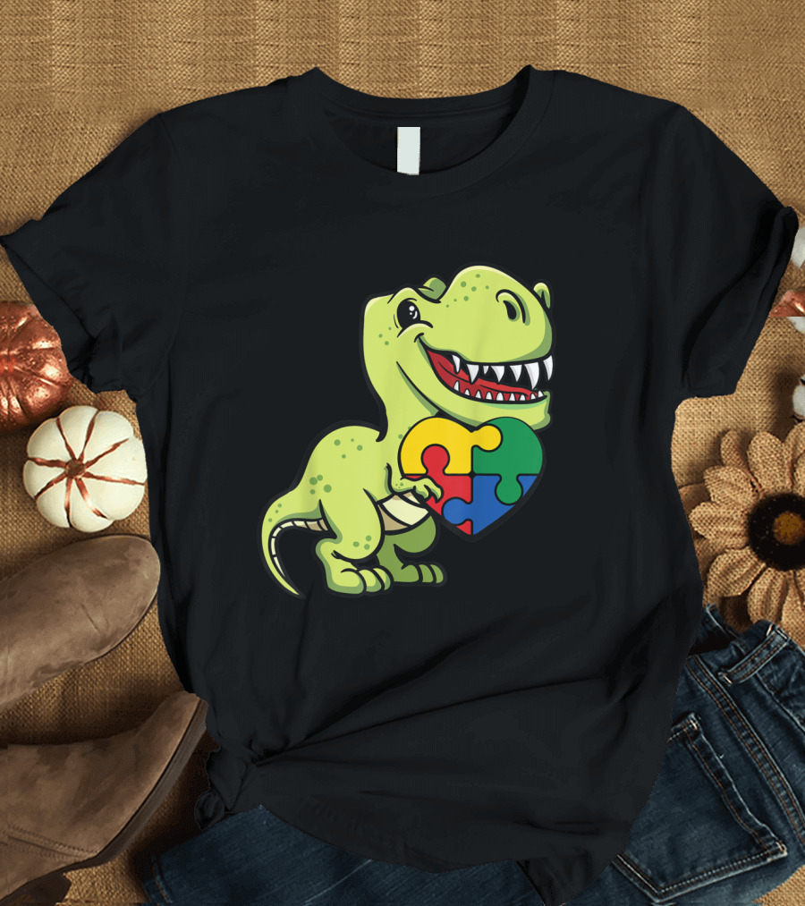 Autism Awareness Dinosaur T-Rex with Puzzle Piece Heart T-Shirt